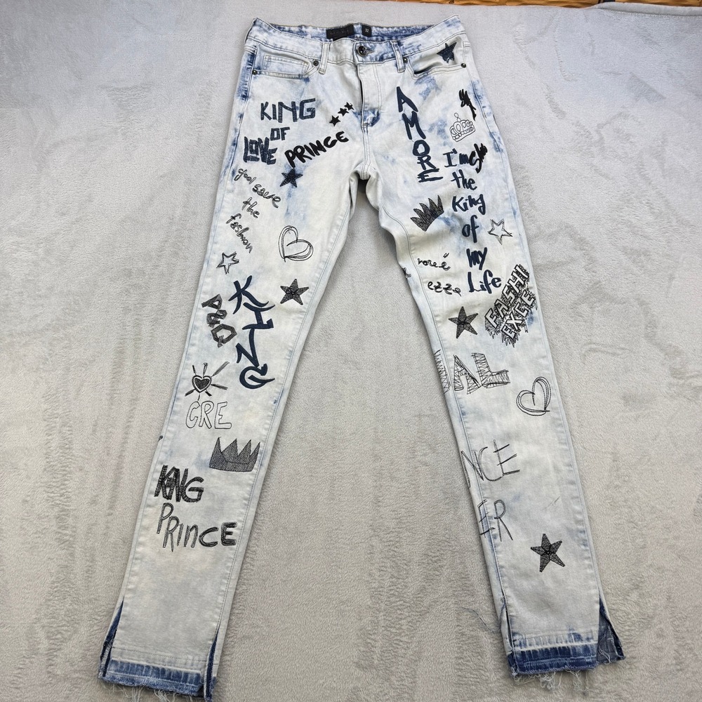 Decibel Jeans Mens 32x34 Graffiti‎ Print Light Wash Acid Wash Denim Skater